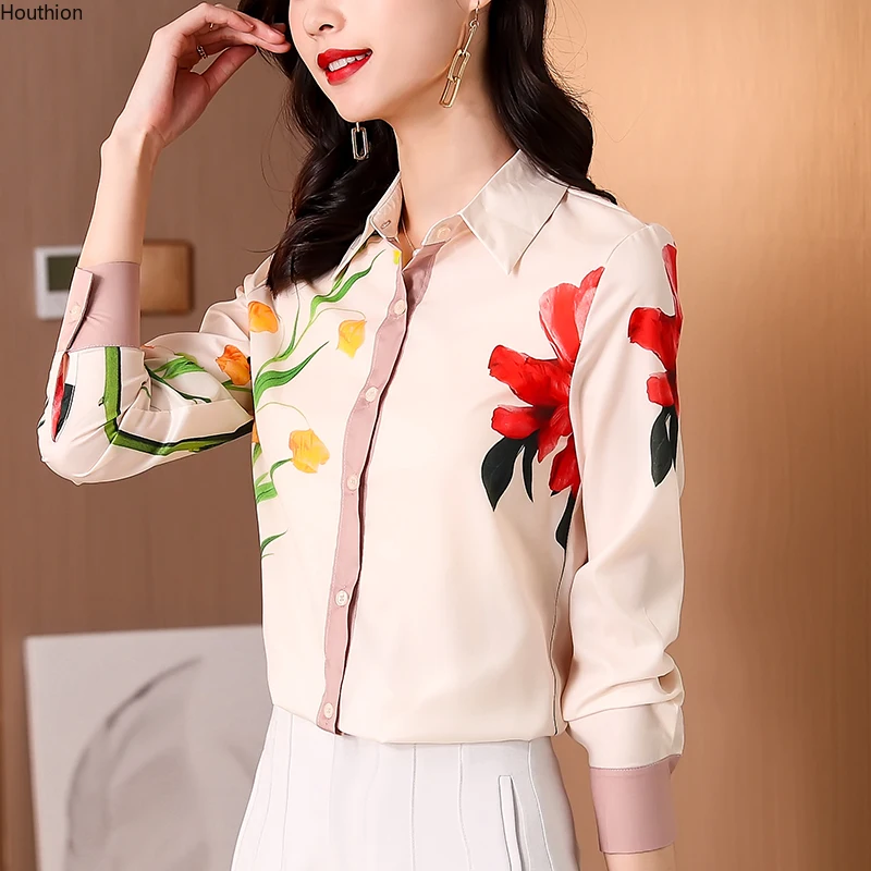 

Print Women's Blouse Loose Polo Shirt Summer Fashion Top Casual Long Sleeve Chiffon Clothing Houthion