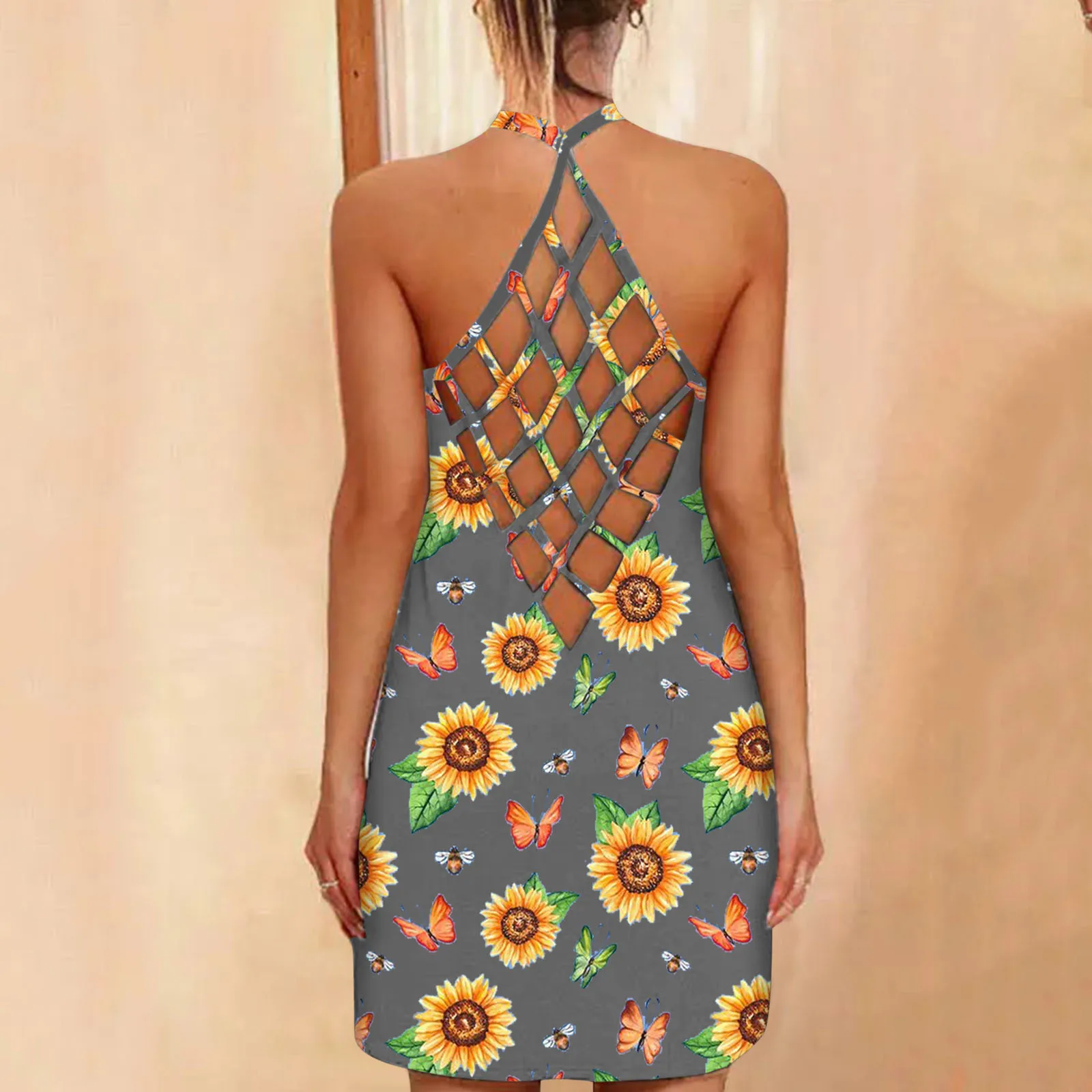 

40# Sunflower Printed Halter Dresses Women Bohemian Vintage Mini Dress 2021 Bodycon Straight Sleeveless Summer Dress