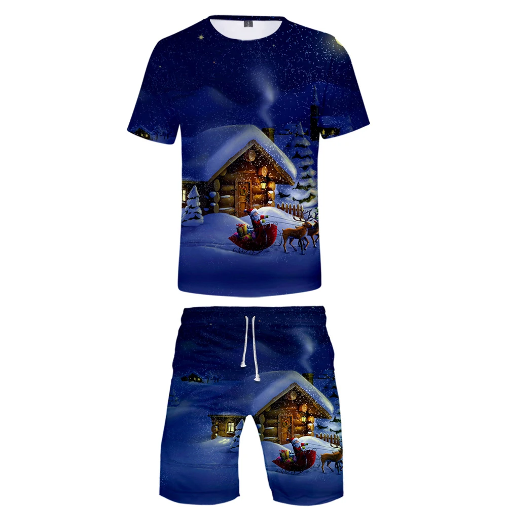 

Christmas 3D printing two-piece fashion summer two-piece T-shirt + beach shorts sportswear casual street home clothing