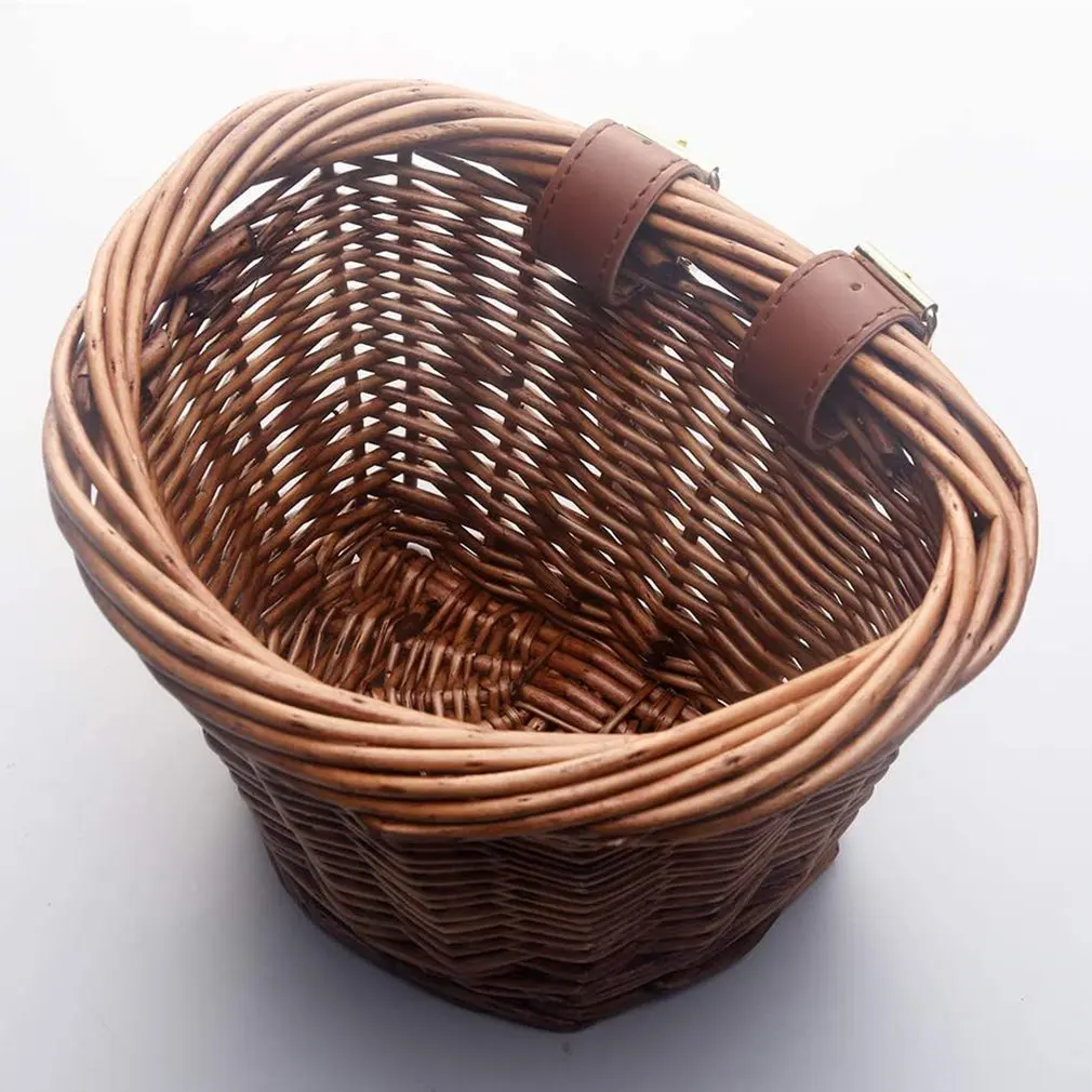 

Antique Rattan Bicycle Basket Multifunctional Handmade Wicker Bicycle Basket With Genuine Leather Strap