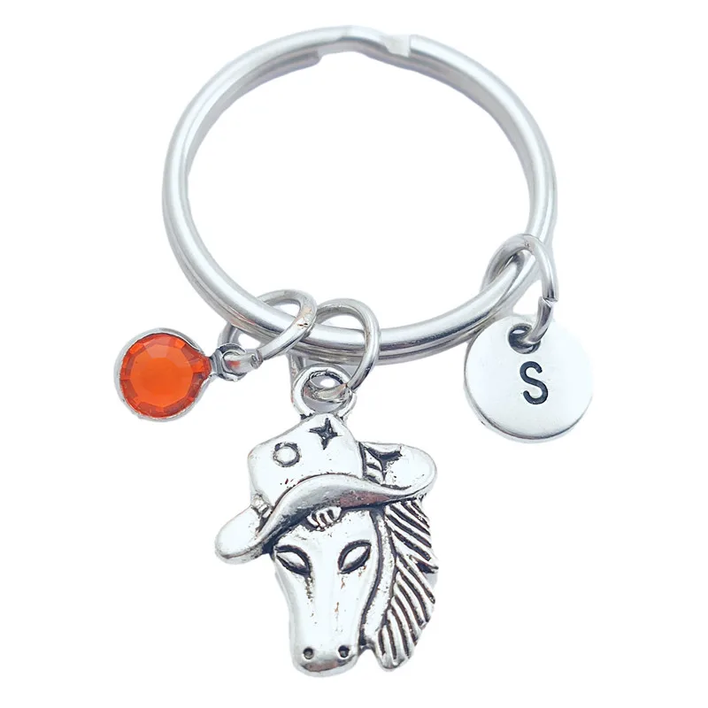

New Cowboy Horse Head Keychains Creative Initial Letter Monogram Birthstone Keyrings Fashion Jewelry Women Gifts Pendants