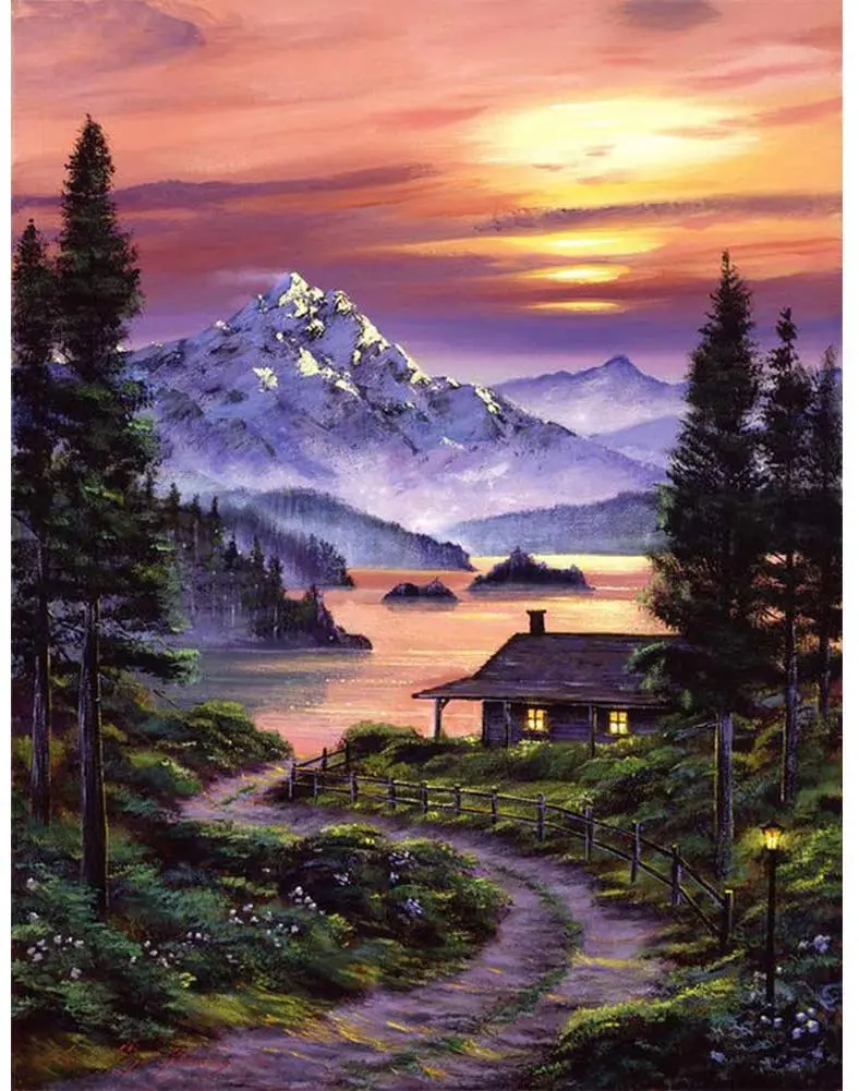 

Алмазная живопись 5D JMINE Div, Набор для вышивки крестиком с изображением гор, озер, деревьев, дома, высокое качество, живописный 3D-рисунок алмаз...