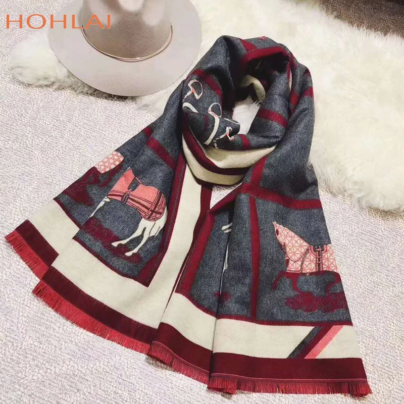 Роскошный бренд лошадь Жаккард Зимний шарф имитация кашемира пашмины женские