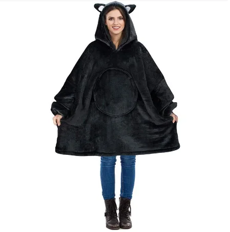 

New Fleece Hooded Blanket With 3D Animal Ears Winter Outdoor Hoodie Robe Soft Warm Wearable TV Blanket Sweatshirt Plush Homewear