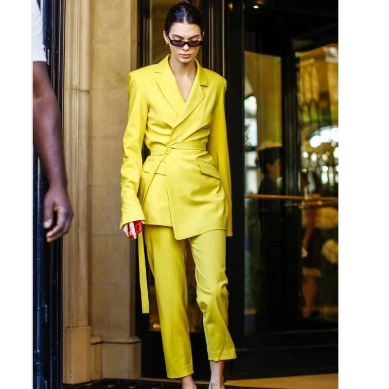 Женский облегающий костюм-Блейзер желтый костюм с брюками офисная одежда