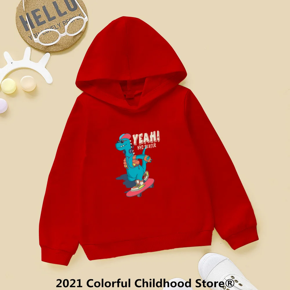 

4-14Y Vibrant Red Hoodie Spring Jacket for Girls Cute Dinosaur Fashion Cartoon Pattern Harajuku Sweatshirt Clothing for Girls