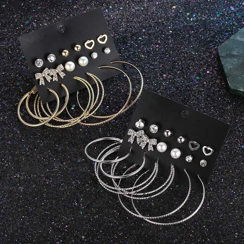 Набор женских серег-гвоздиков из нержавеющей стали сережки-кольца в богемном