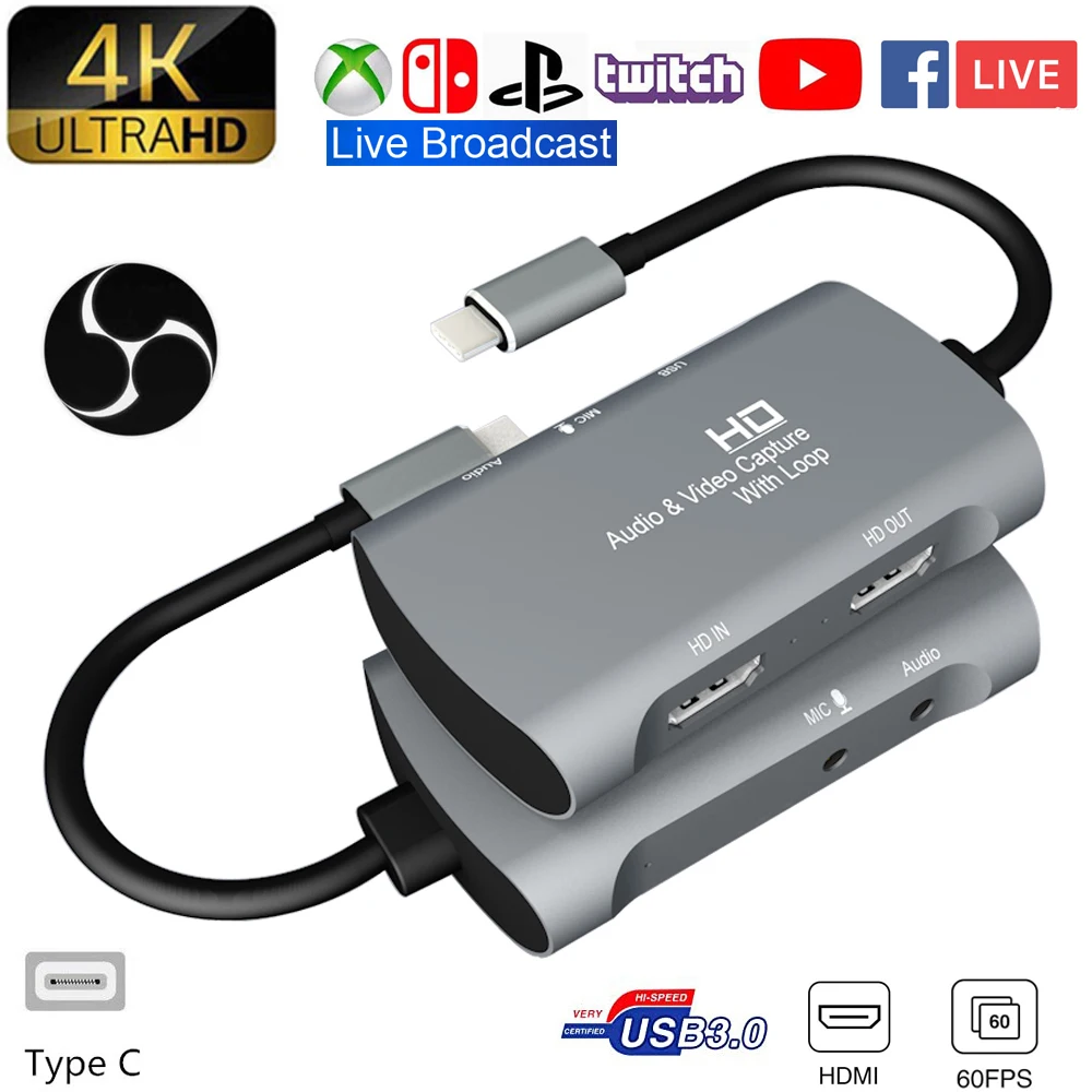 Type C Dual HDMI видеозахват 4K 1080P 60FPS USB3.0PS4 XBOX переключатель для игр Аудио Видео прямая