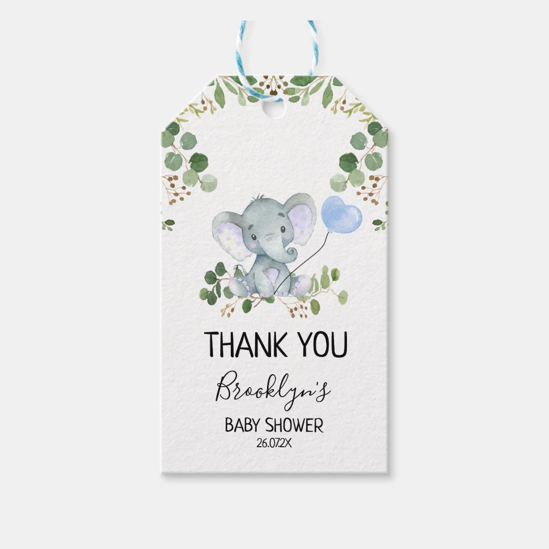 Mini botella personalizada de elefante azul para Baby Boy Shower, etiquetas de agradecimiento, regalo de fiesta DIY, etiquetas de cumpleaños de bebé con cuerda de colores