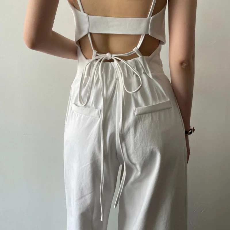 

Square Collar Simple Backless Denim Pants Wide Leg High Waist Spaghetti Strap Jumpsuit Women Elegant Office Lady Trousers Women