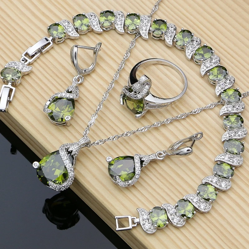 

925 Sterling Silver Jewelry Sets Olive Green Cubic Zirconia Jewelry Kits for Women Retro Bracelet Necklace Set Dropshipping