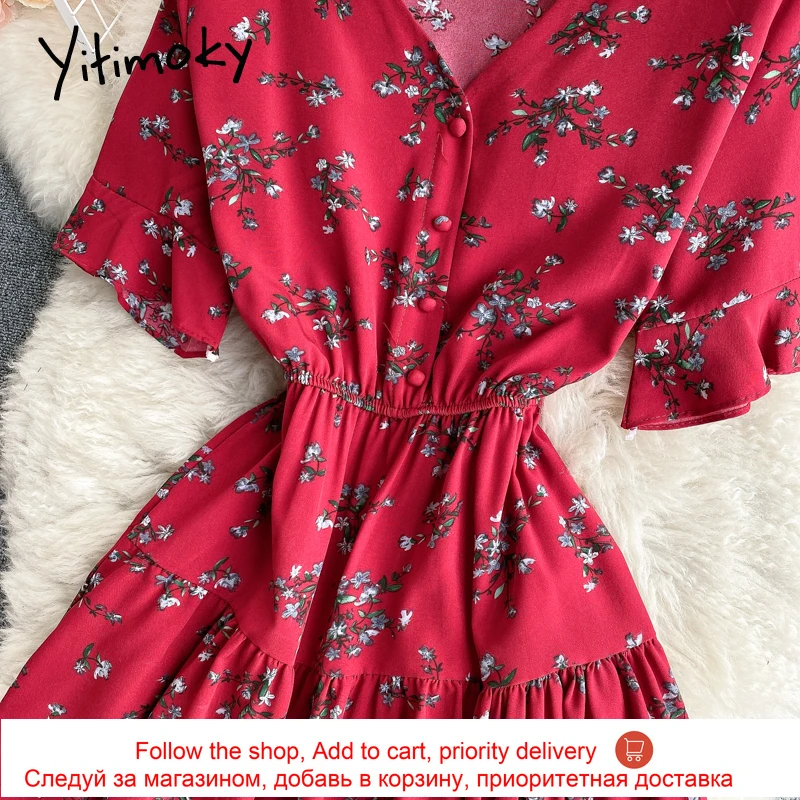 

Yitimoky Floral Print High Waist Ruffles Dresses Women Breasted Short Sleeve V-Neck A-Line Clothing 2021 Summer Korean Fashion