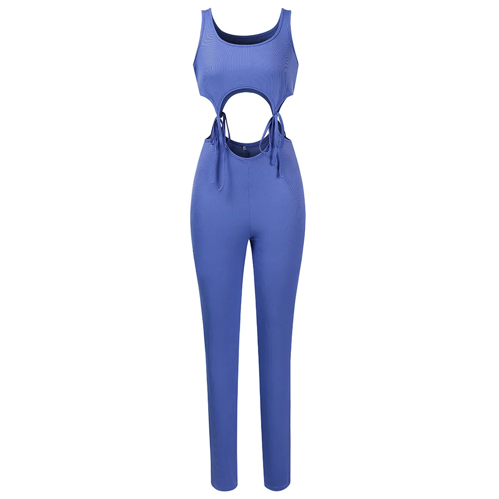 

New summer solid color hollow sexy suit fashion slim U-neck sleeveless camisole and trousers ladies two-piece suit