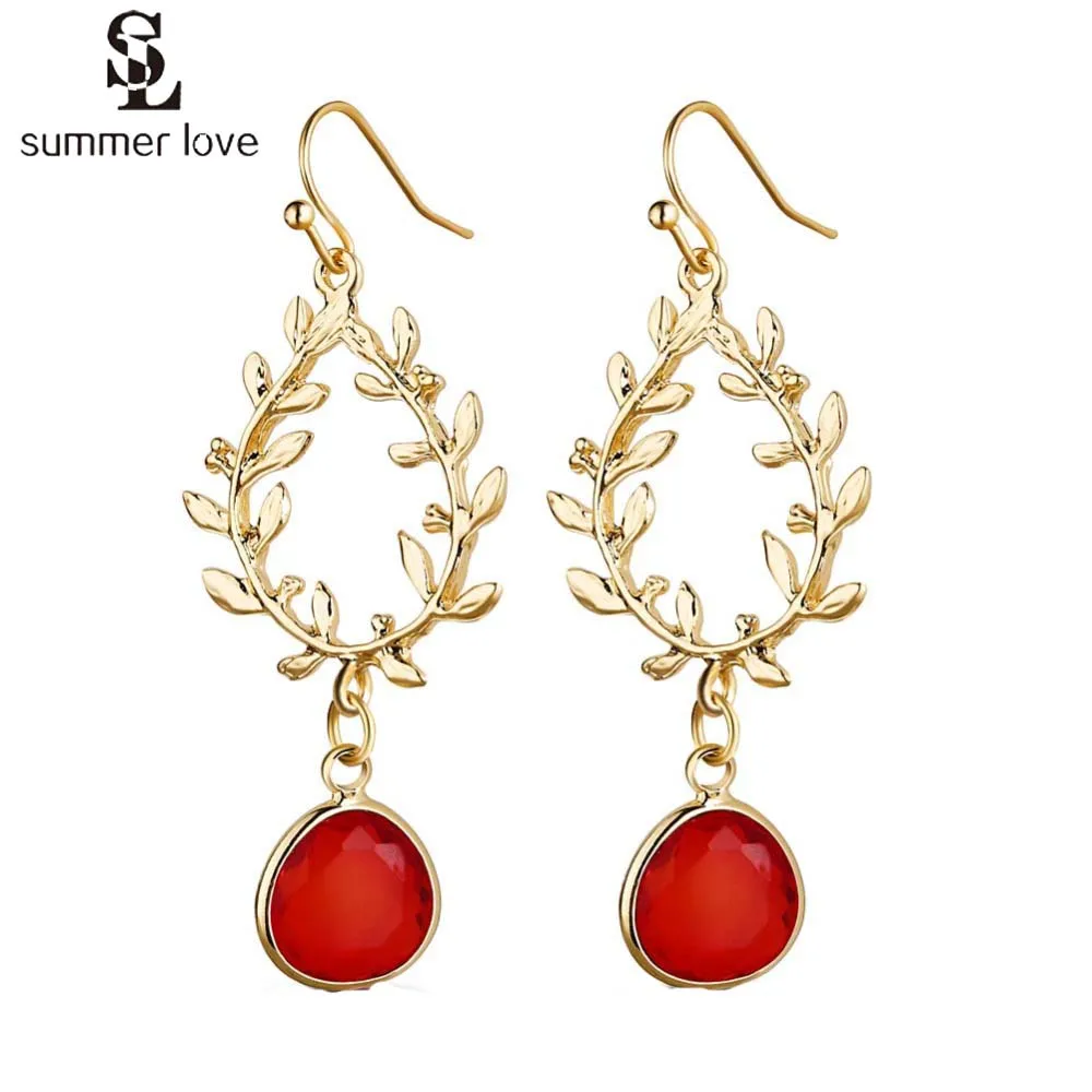 

New Red Round Crystal Drop Earrings for Women Gift Handmade Fashion Cute Gold Color Long Dangle Earring Statement Jewelry Gifts