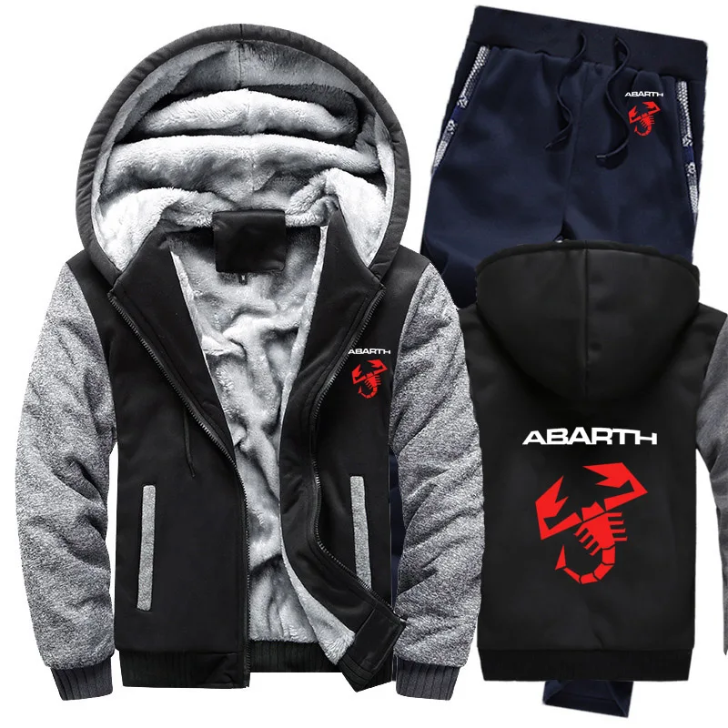 

New Hoodies Men Abarth Car Logo Mens Hoodies Suit Winter Thicken Warm Fleece cotton Zipper Tracksuit Mens Jacket+Pants Sets