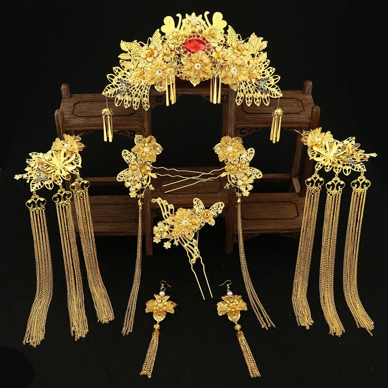 red HIMSTORY Elegance Chinese Vintage Wedding Bridal Hair Accessory Traditional Gold Color Flower Bride Hair Combs Tiaras Hairwear - Окраска металла: red