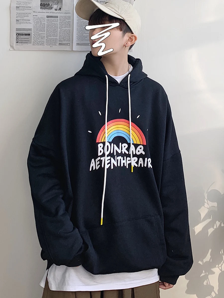 

5 Colors Hooded Sweatshirt Men Classic Long Sleeve Pullover Loose Tops Printed Rainbow Letter Sports Coat Oversize Spring Autumn