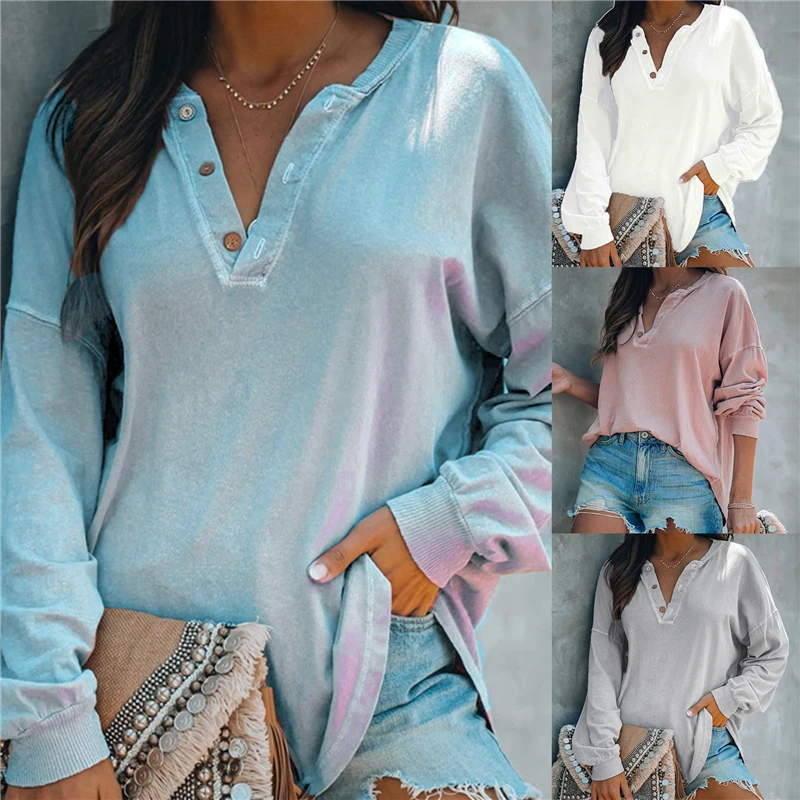 

Сексуальное платье с v-образным воротом, Женские топы и блузки осень сплошной Цвет Блузка с длинными рукавами пуловер Топы на пуговицах осен...