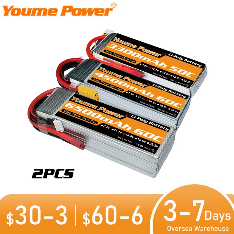 Youme-bater&iacute;a Lipo de 3300mah, 4500mah, 5200mah, 6200mah, 6500mah, T Deans EC5, XT90, 3S, 11,1 V, 2S, 7,4 V, 4S, 14,8 V, 6S, 22,2 V, piezas de coche RC, 2 uds.-0