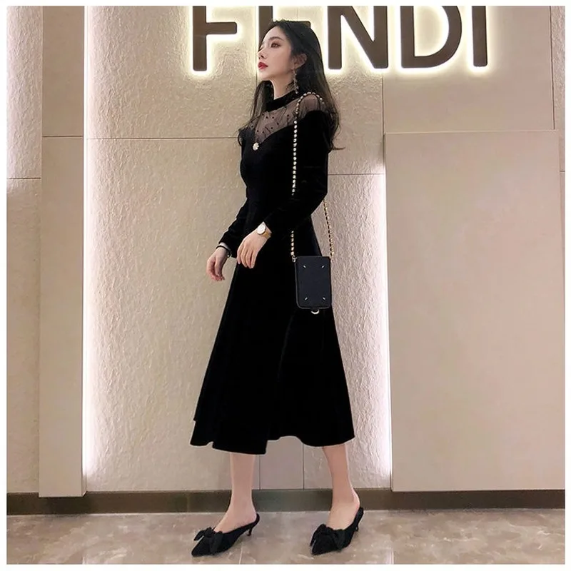 

2021 Autumn Winter New Women French Elegant Patchwork Sexy Sheer Mesh O-neck Black Party Gold Velvet Dress Plus Size 4XL Y581