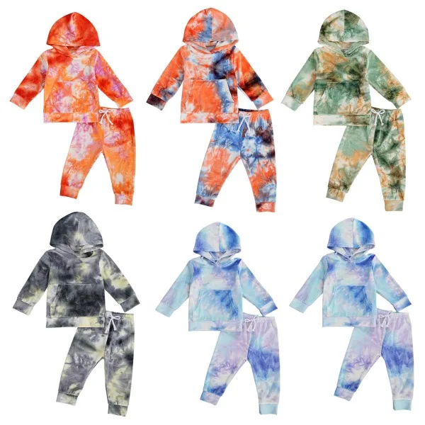 

2pcs Infant Baby Girl Boy Tie-dye Outfits Toddler Long Sleeve Front Pocket Hoodie Drawstring Trousers Spring Autumn Set 1-6 Year