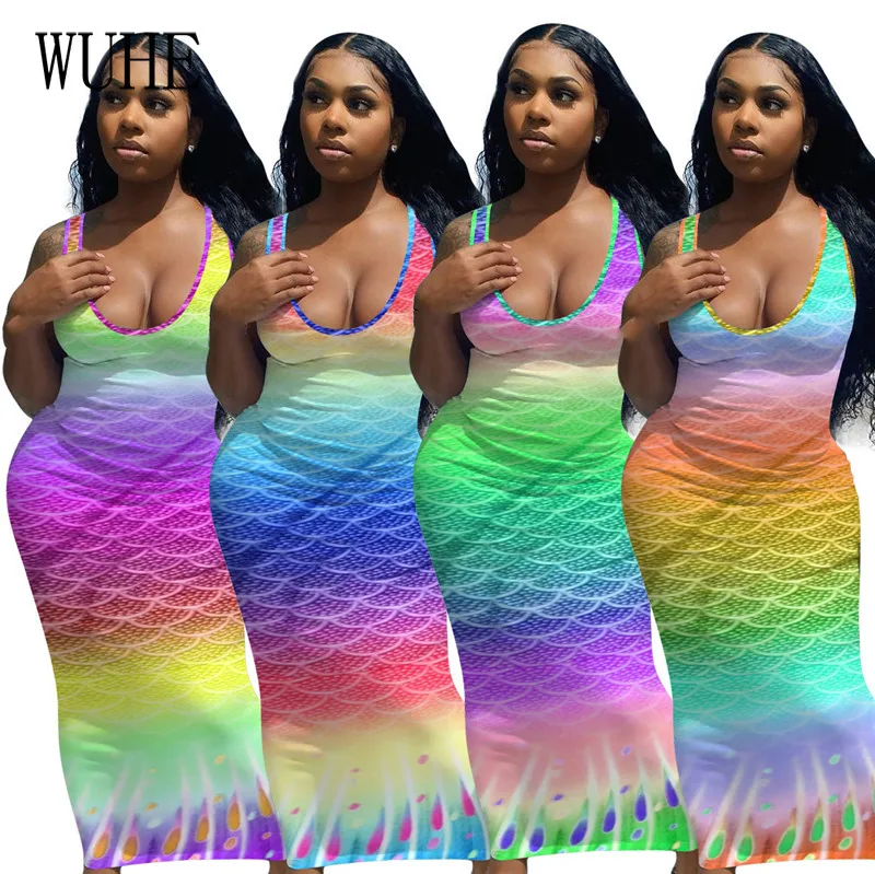 

Женское длинное платье с принтом в виде рыбьей чешуи, без рукавов