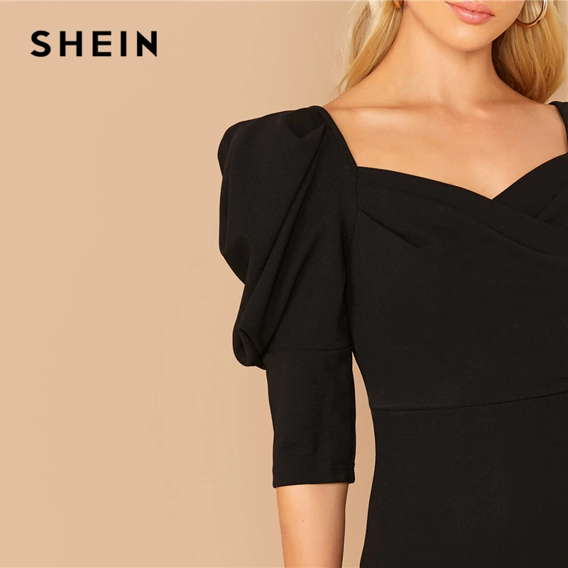 SHEIN/черная однотонная блузка с пышными рукавами и милым вырезом, Топ для женщин, весенне-осенние элегантные офисные платья, топы и блузки