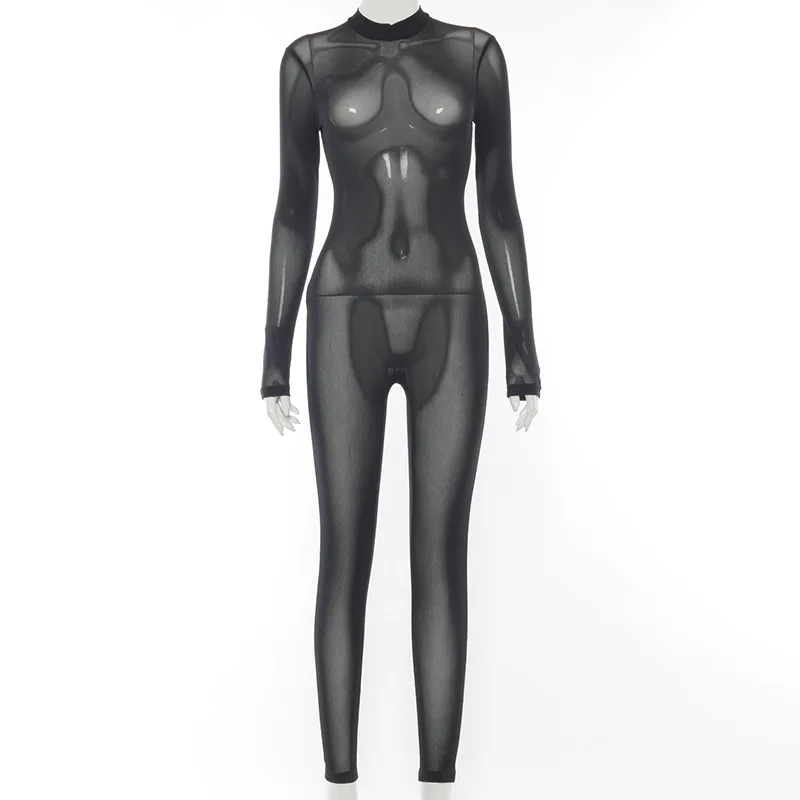 

Summer Women Sexy Partywear Romper 2021 Solid Round Neck Hollow Out Long Sleeves Trousers Mesh Backless See-Through Jumpsuit