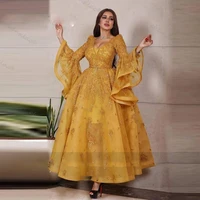 ankle length dubai arabic evening dresses flare long sleeve organza formal dress lace appliques sequined prom gowns