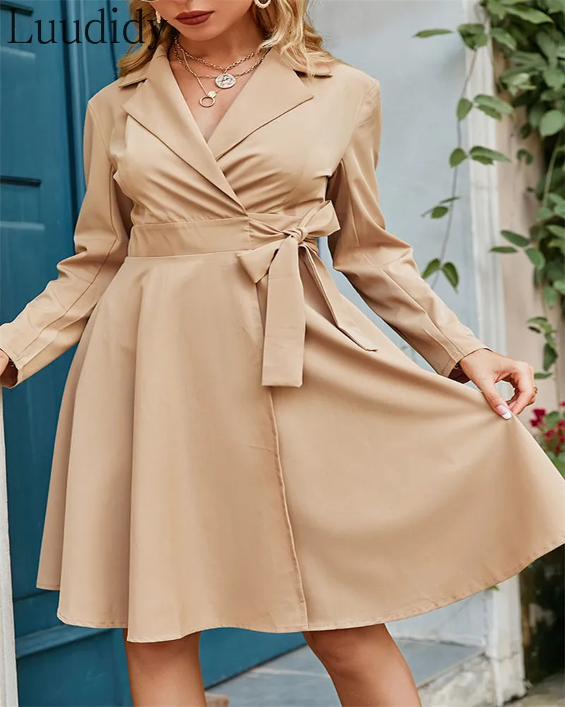 

Женское элегантное однотонное платье-Блейзер со шнуровкой и длинным рукавом