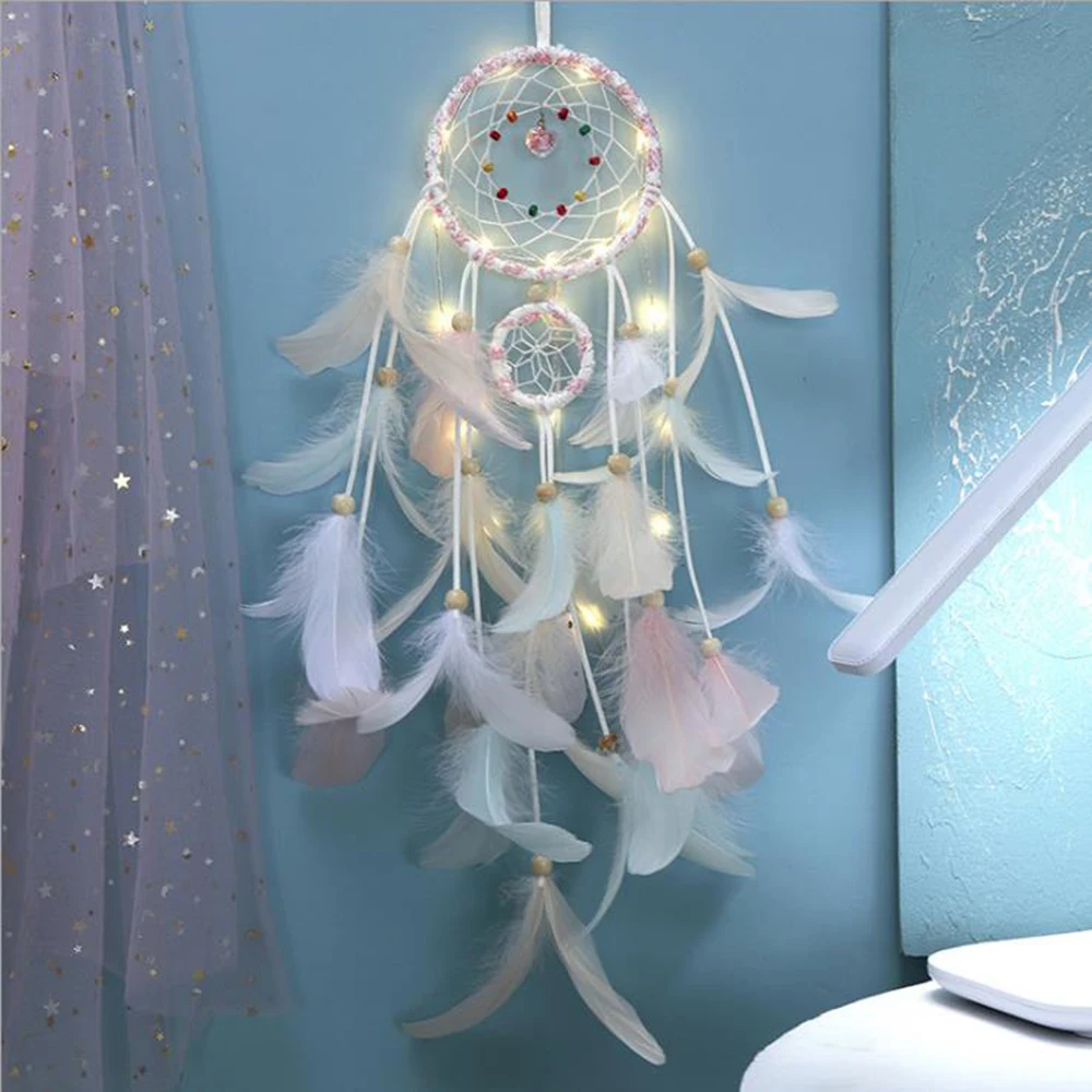 

Girl Heart Dream Catcher National Feather Ornaments Lace Ribbons Feathers Wrapped Lights Girls Room Decor Dreamcatcher