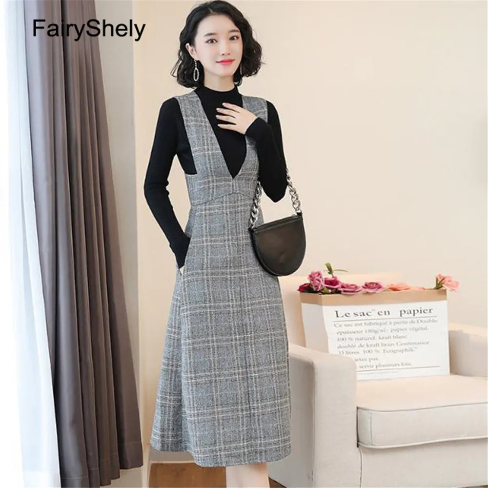 

FariyShely Woolen Dress Suit Women 2021 Autumn Winter Pocket Retro Kniit Pullover Green Long Sleeve Dress Elegant Two Piece Set
