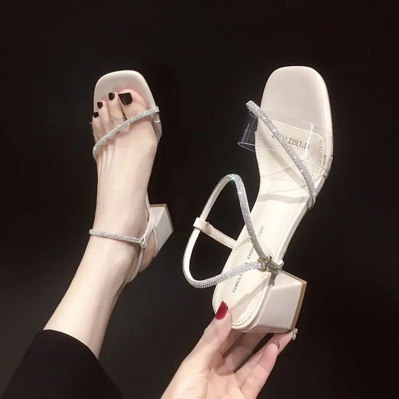 

Shoes Clear Heels High Heeled Sandals Woman 2021 Open Toe Buckle Strap Med Suit Female Beige High-heeled Block Peep Summer Girls