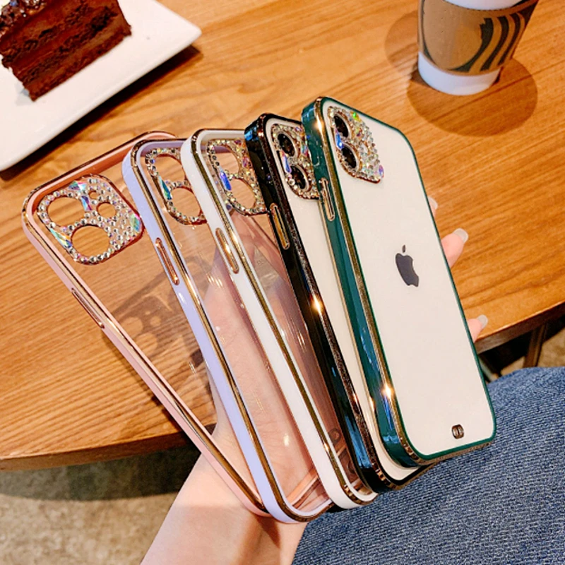 

Plating Diamond Lens Camera Protection Transparent Phone Case For iphone 12 11 XS MAX X 7 8Plus Glitter Electroplated Soft Cover