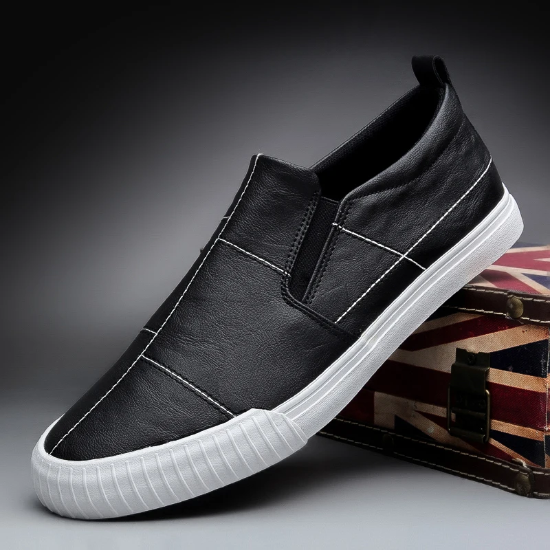 Мужские кожаные туфли без шнуровки черные повседневные Мокасины на плоской