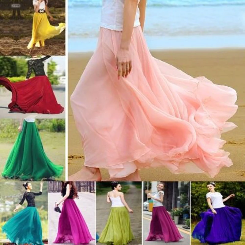 Women Skirt Brand New Boho Double Layer Maxi Chiffon Long Sundress Summer Elegant Lady Solid Beachdress