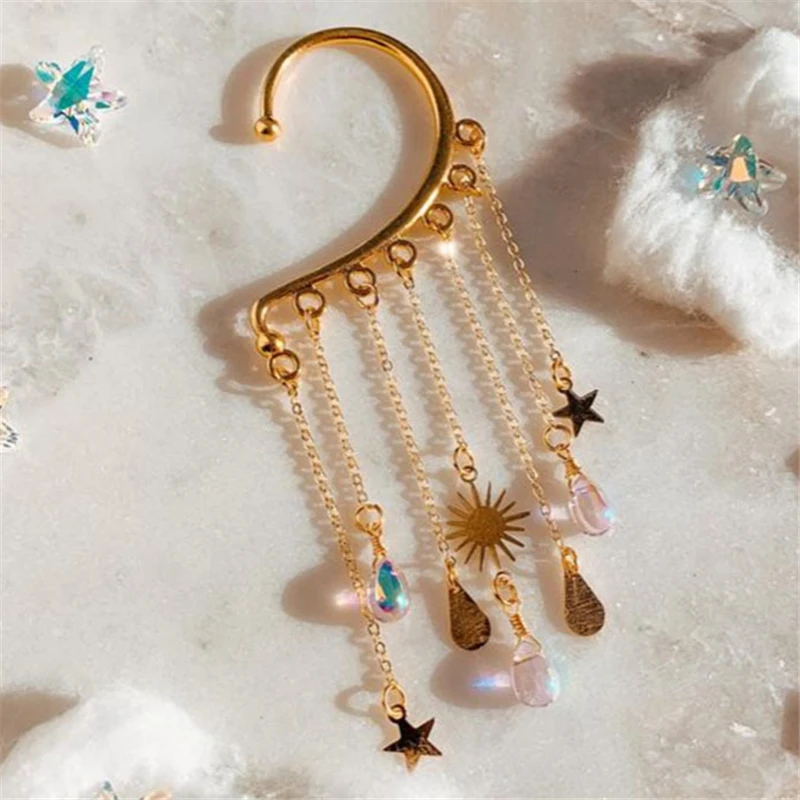 

2022 Fashion Natural Crystal Earrings Long Tassel Exquisite Chain Ear Hook One-piece Single Golden Earrings Party Jewelry Gifts