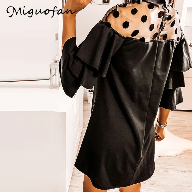 Miguofan женское платье с кружевным бантом в горошек Открытое расклешенными