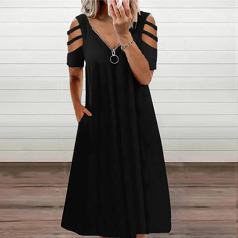 

S-3XL, 6 цветов, с v-образным вырезом, на молнии, с вырезами, с короткими рукавами, с карманами, свободное платье, женская летняя повседневная Одн...