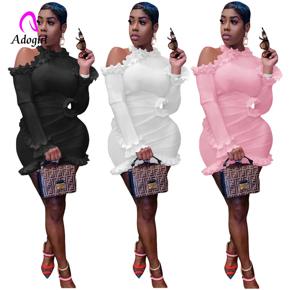 

Fall Women Mini Dress Ruffle Long Sleeve Solid Birthday Night Club Outfits Solid Color Hollow Out O-neck Bodycon Female Vestidos
