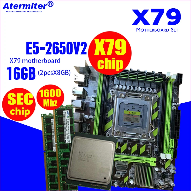 Atermiter X79 X79G материнская плата LGA2011 мини-блок питания ATX комбо E5 2650 V2 Процессор 2 шт. x 8 ГБ = 16 Гб DDR3 RAM1600Mhz PC3 12800R
