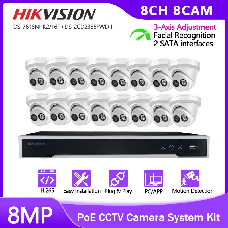 

Hikvision Security CCTV System Kit 16CH NVR DS-7616NI-K2/16P 8 MP Network Turret Camera DS-2CD2385FWD-I H.265 IP67 POE IP Webcam