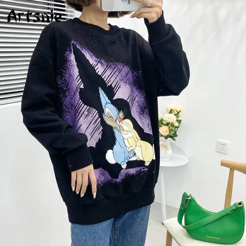 

Artsnie Disney Cartoon Oversized Sweatshirt Women Autumn O Neck Long Sleeve Black Hoodies Streetwear Ladies Knitted Sweatshirts