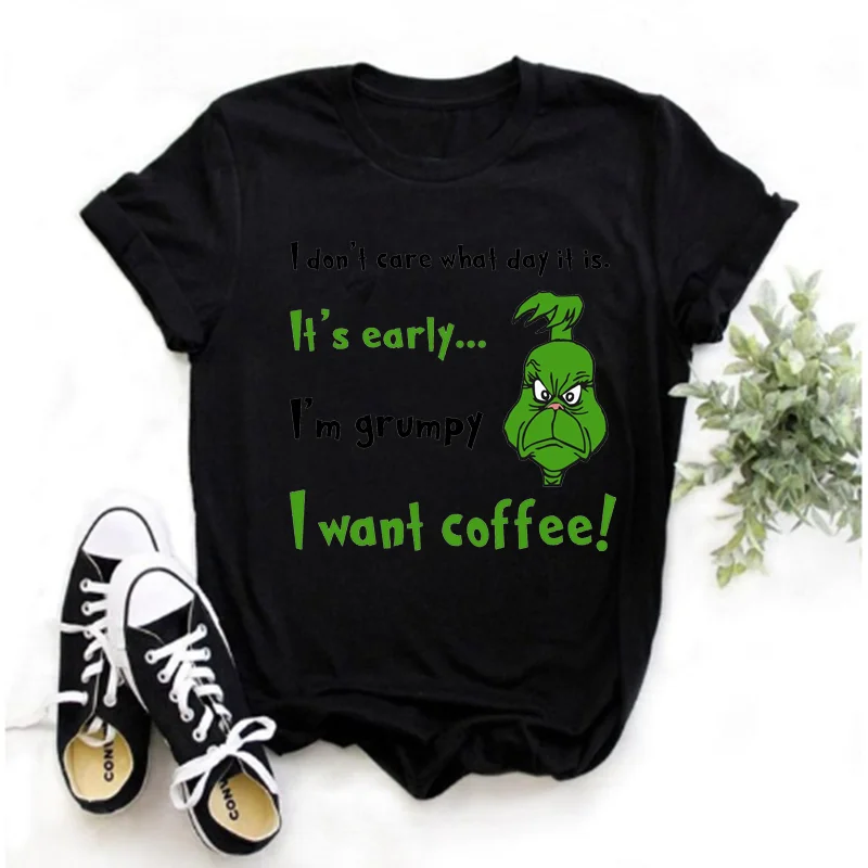 Lady's T-shirt Grinch's face mask and Grinch Touch my coffee I will slap you fiercely Printed fashion women's T-shirt images - 6