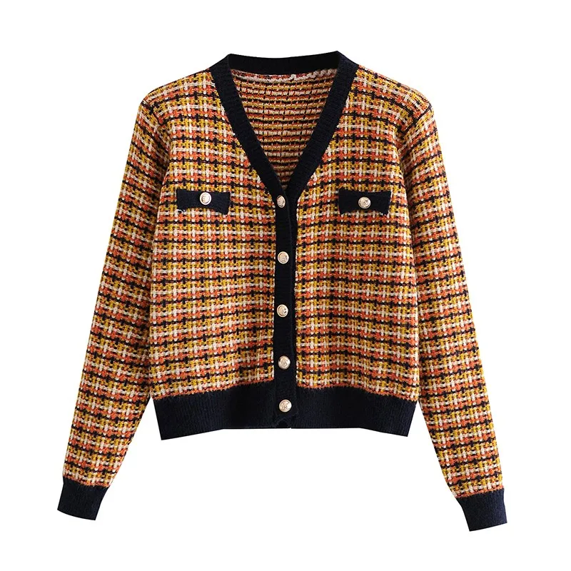 

Vintage Purple Plaid Cardigans Women Winter V Neck Long Sleeve Button Pull Femme Hiver Sweet Warm Sweaters Jumper Mujer