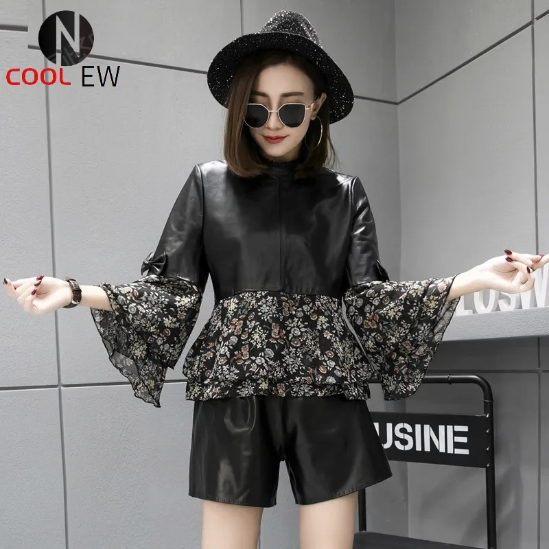 

New Fashion Women Floral Printed Chiffon Patchwork Pullover Sheepskin Genuine Leather Jacket Vintage Ruffles Bow Turtleneck Tops