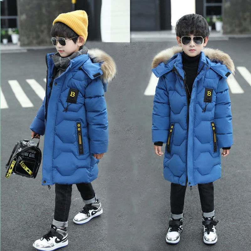 

Winter Polyester Jacket For Boy New 2021 Keep Warm Thickening Coat Hooded Fur Collar Mid-Length Casual Slim Children's Clothing