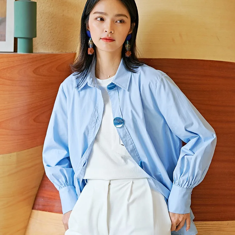 2019 Autumn Original Gloria&ampGrace Fashion Blue Casual Patchwork Button Women Chiffon Oversize Loose TOP Blouse Shirt |