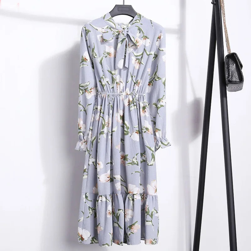 

2020 Spring Women Dress For Ladies Long Sleeve Polka Dot Vintage Chiffon Shirt Dress Casual Black Red Floral Autumn Midi Dress