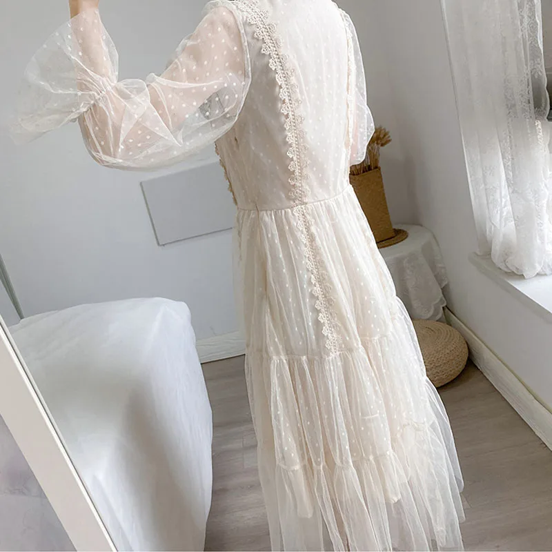 

2021 Elegant Long Sleeve Dot A-line Midi Long Dresses Sweet Lace Mesh Dress Women Vintage Dress Spring Female Vestidos 12916